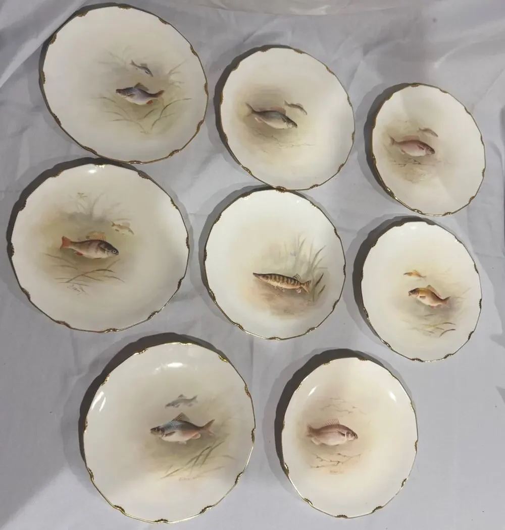 Royal Doulton Pountney Bros Bristol Hand Painted Fish Plates Set 8 Artist Signed